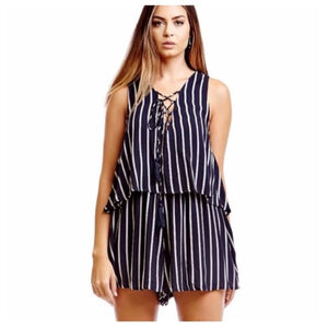 Amor Adore Tiered Romper Size M Navy White Striped Sleeveless